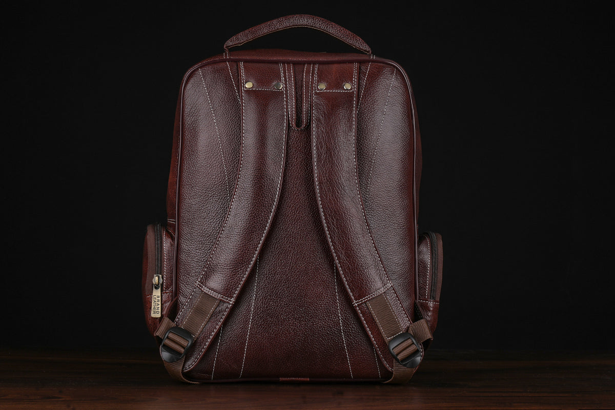 BRAND LEATHER Men's Full Grain Cow Hide Leather 17 Inch Laptop Backpack Large Capacity Weekender Overnight Camping Travel Rucksack