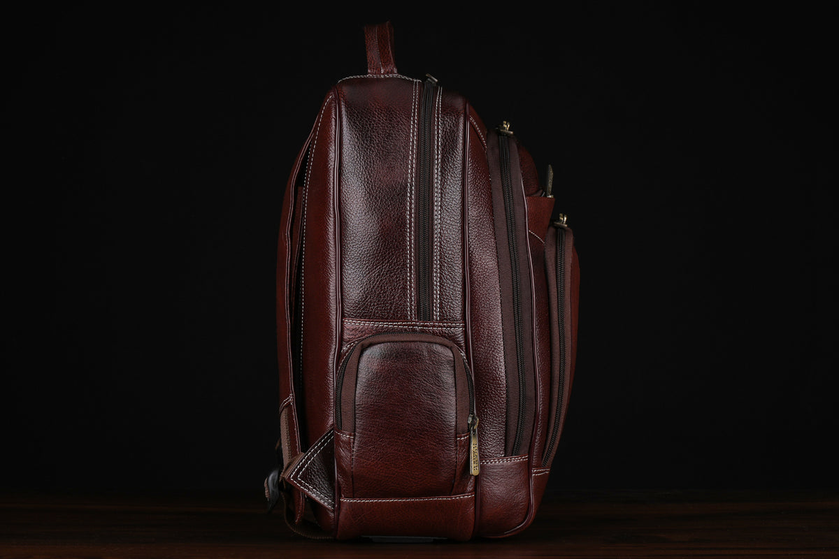 BRAND LEATHER Men's Full Grain Cow Hide Leather 17 Inch Laptop Backpack Large Capacity Weekender Overnight Camping Travel Rucksack