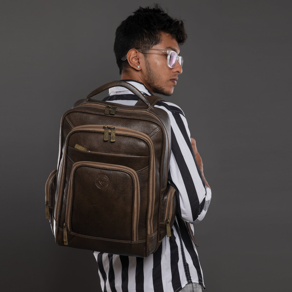 BRAND LEATHER Men's Full Grain Cow Hide Leather 17 Inch Laptop Backpack Large Capacity Weekender Overnight Camping Travel Rucksack