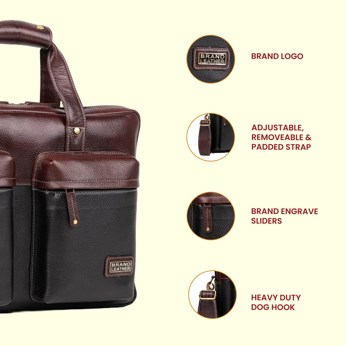 BRAND LEATHER Genuine Leather Laptop Bag for Men - Office Bag - Fits Up to 16-inch Laptop/MacBook - Shoulder Bag/Hand Bag - Laptop Messenger Bag with Trolley Straps - 1 Year Warranty