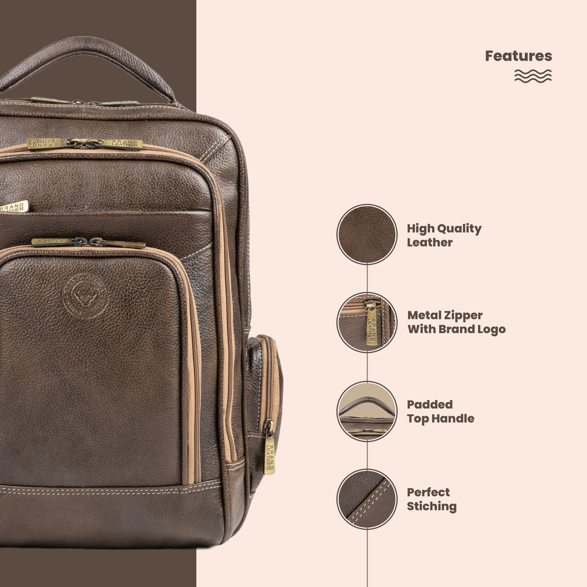 BRAND LEATHER Men's Full Grain Cow Hide Leather 17 Inch Laptop Backpack Large Capacity Weekender Overnight Camping Travel Rucksack