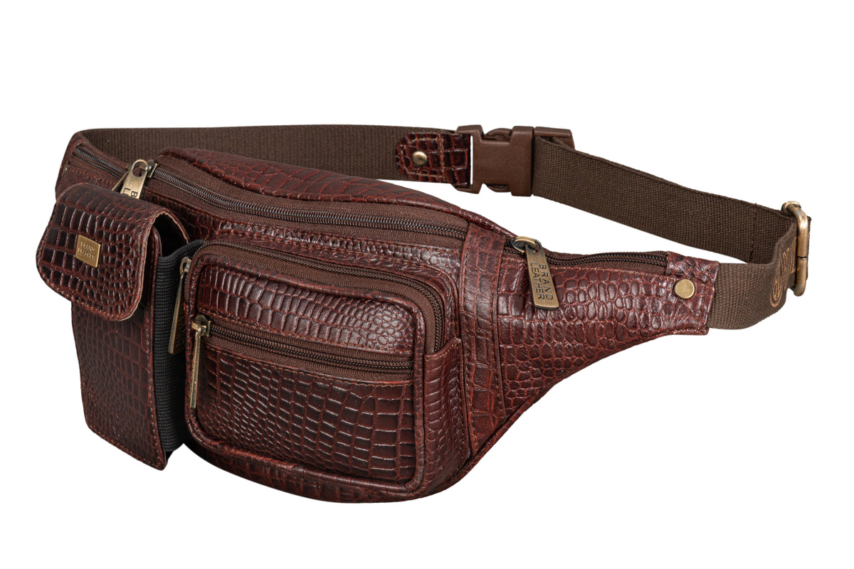 BRAND LEATHER Genuine Leather Stylish Waist Bag Elegant Style Travel Pouch Passport Holder with Adjustable Strap