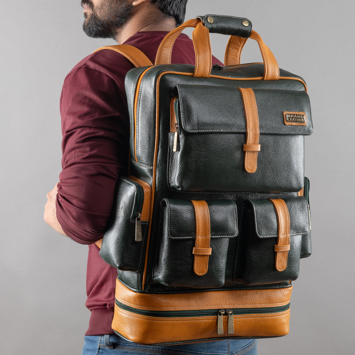 BRAND LEATHER Full Grain Buffalo - Hide Leather Backpack Large Capacity 15/15.6/16/17 Inch Laptop Bag Multi Pockets Travel Daypack