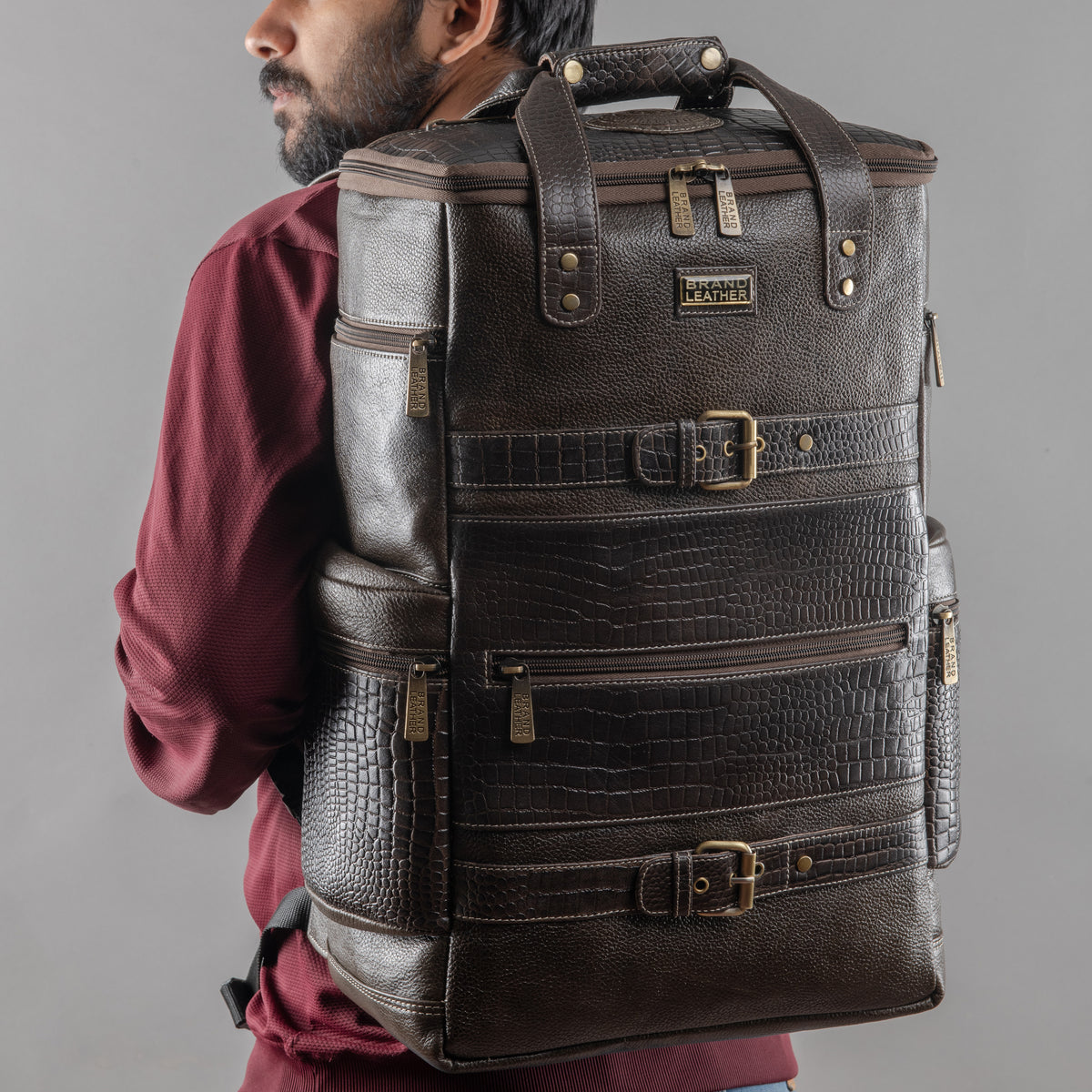 BRAND LEATHER Full Grain Buffalo - Hide Leather Backpack Large Capacity 15/15.6/16/17 Inch Laptop Bag Multi Pockets Travel Daypack