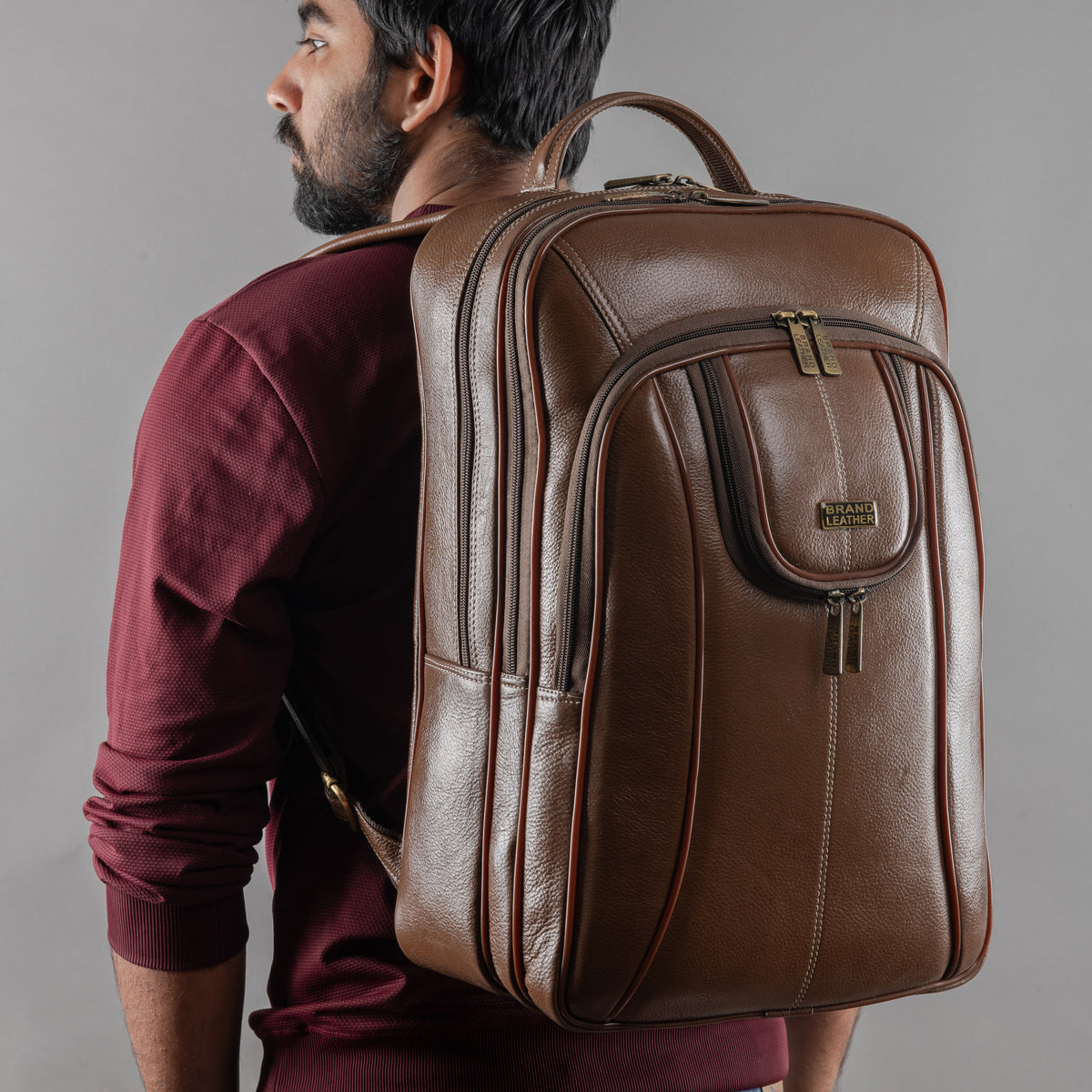 BRAND LEATHER Men's Full Grain Cow Hide Leather 17 Inch Laptop Backpack Large Capacity Weekender Overnight Camping Travel Rucksack