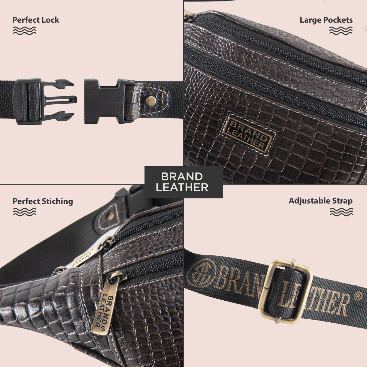 BRAND LEATHER Genuine Leather Stylish Waist Bag Elegant Style Travel Pouch Passport Holder with Adjustable Strap Unisex