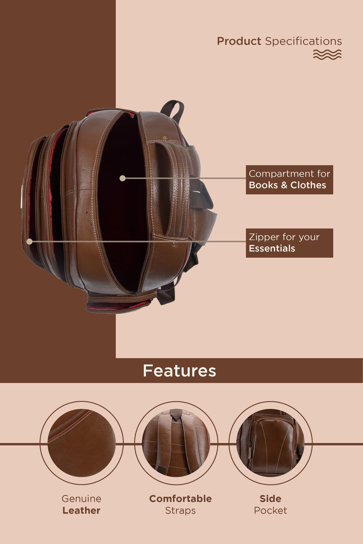 BRAND LEATHER Men's Full Grain Cow Hide Leather 17 Inch Laptop Backpack Large Capacity Weekender Overnight Camping Travel Rucksack