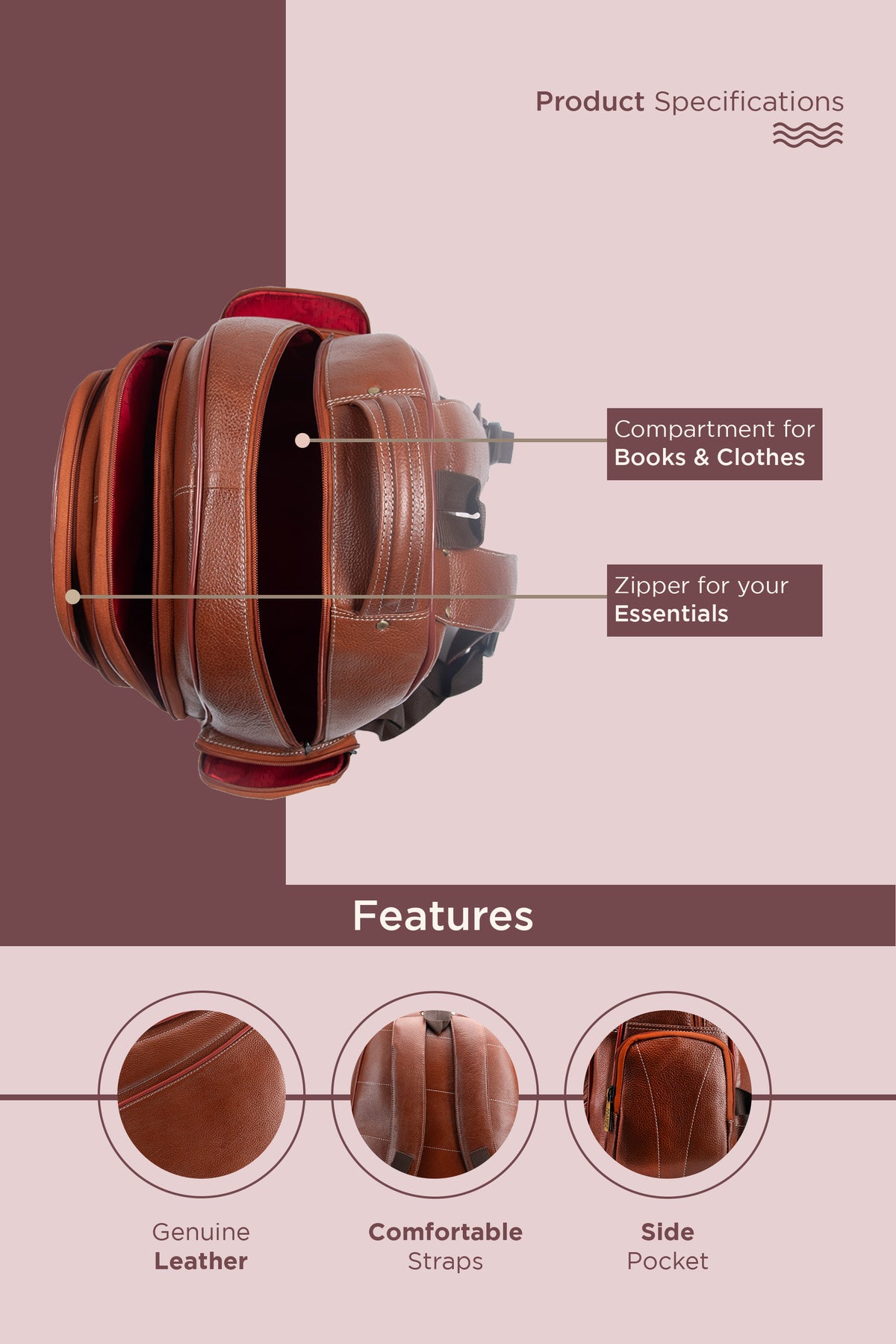 BRAND LEATHER Men's Full Grain Cow Hide Leather 17 Inch Laptop Backpack Large Capacity Weekender Overnight Camping Travel Rucksack