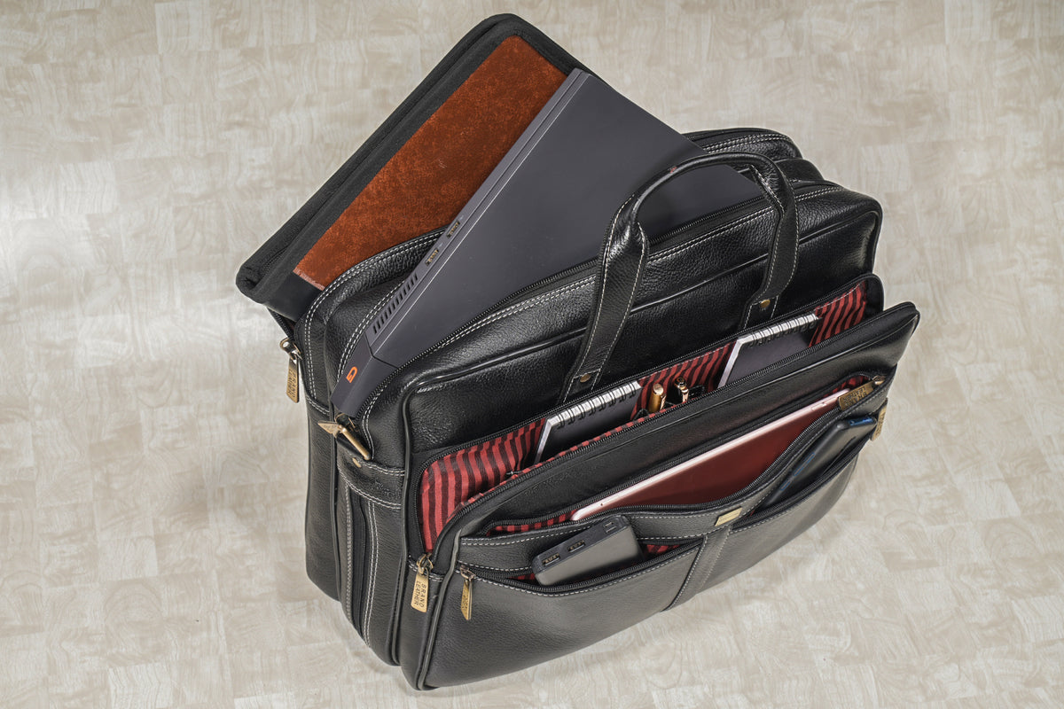 Laptop Bag for Men - Genuine Leather Shoulder Bag for Office and Travel, Brown, Fits upto 16" Laptop, Water Resistant, Multiple Compartments, Messenger bags with Trolley Strap