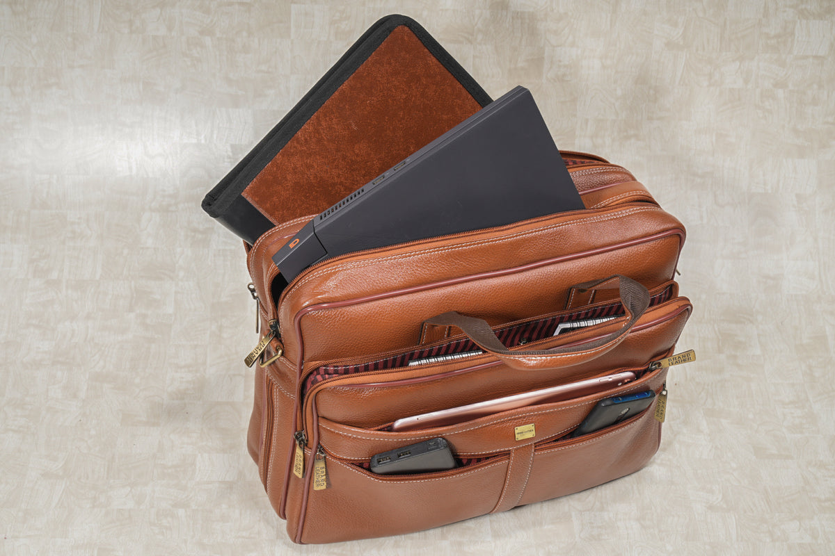 Laptop Bag for Men - Genuine Leather Shoulder Bag for Office and Travel, Brown, Fits upto 16" Laptop, Water Resistant, Multiple Compartments, Messenger bags with Trolley Strap