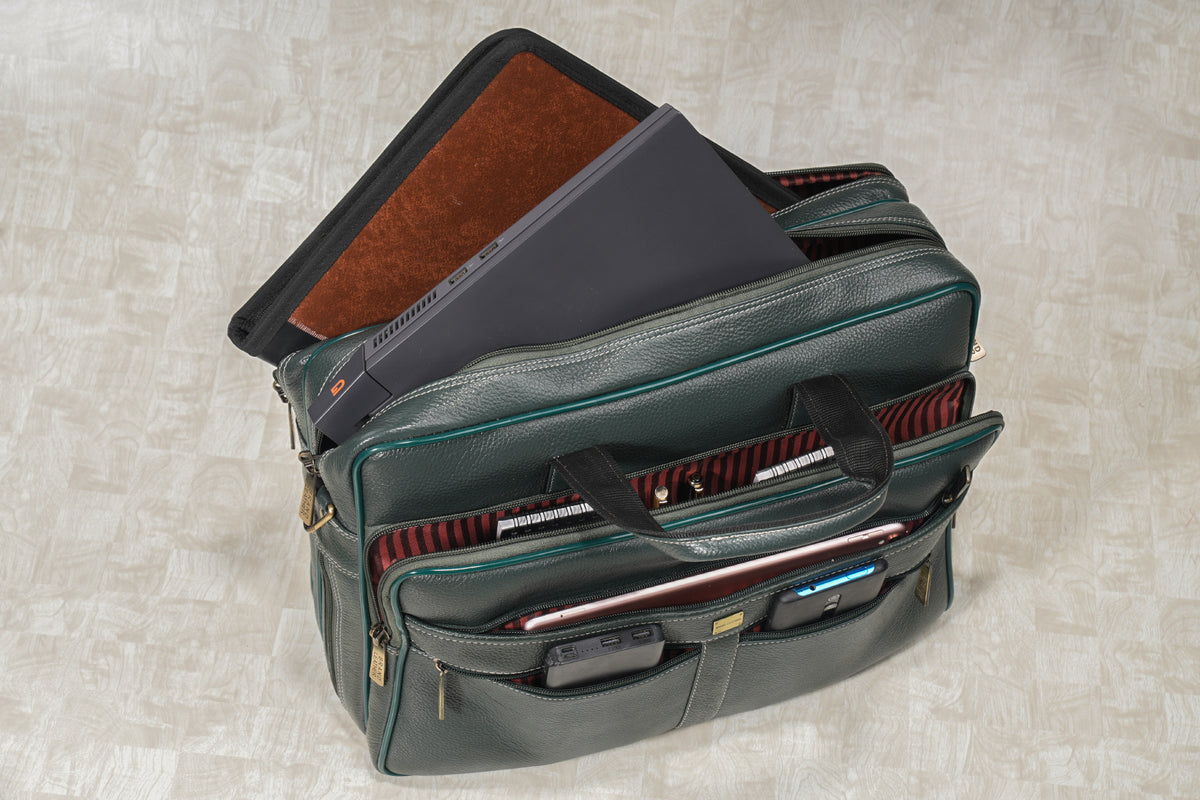 Laptop Bag for Men - Genuine Leather Shoulder Bag for Office and Travel, Brown, Fits upto 16" Laptop, Water Resistant, Multiple Compartments, Messenger bags with Trolley Strap