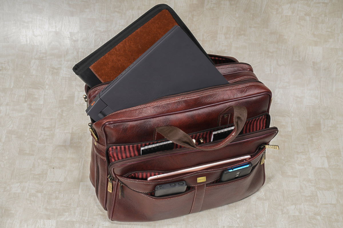 Laptop Bag for Men - Genuine Leather Shoulder Bag for Office and Travel, Brown, Fits upto 16" Laptop, Water Resistant, Multiple Compartments, Messenger bags with Trolley Strap
