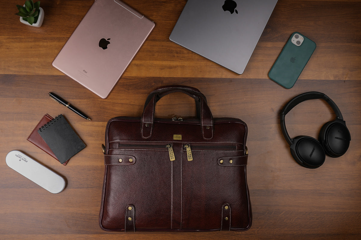 Laptop Bag for Men - Genuine Leather Messenger Bag for Office - Fits up to 15 Inch Laptop -Brown Shoulder Bag with Multiple Compartments - Executive Leather Bag for Work and Travel
