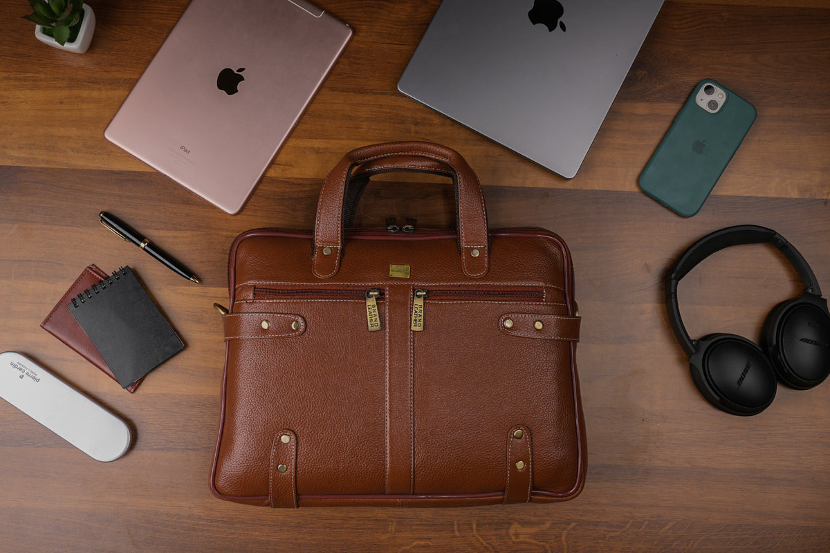 Laptop Bag for Men - Genuine Leather Messenger Bag for Office - Fits up to 15 Inch Laptop -Brown Shoulder Bag with Multiple Compartments - Executive Leather Bag for Work and Travel