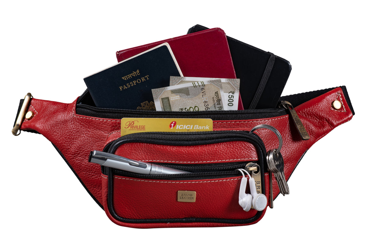 BRAND LEATHER Stylish Genuine Leather Waist Bag Elegant Style Travel Pouch Passport Holder with Adjustable Strap for Multipurpose Use