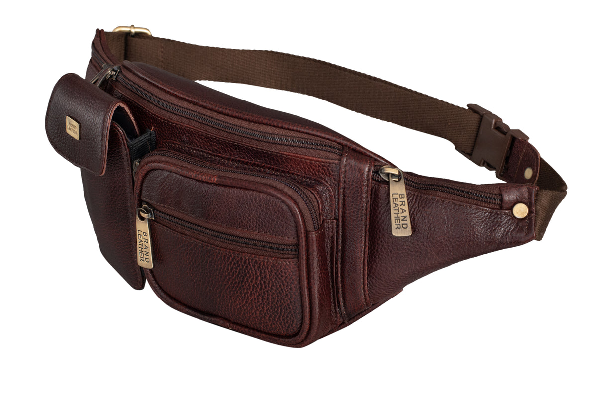 BRAND LEATHER Genuine Leather Stylish Waist Bag Elegant Style Travel Pouch Passport Holder with Adjustable Strap