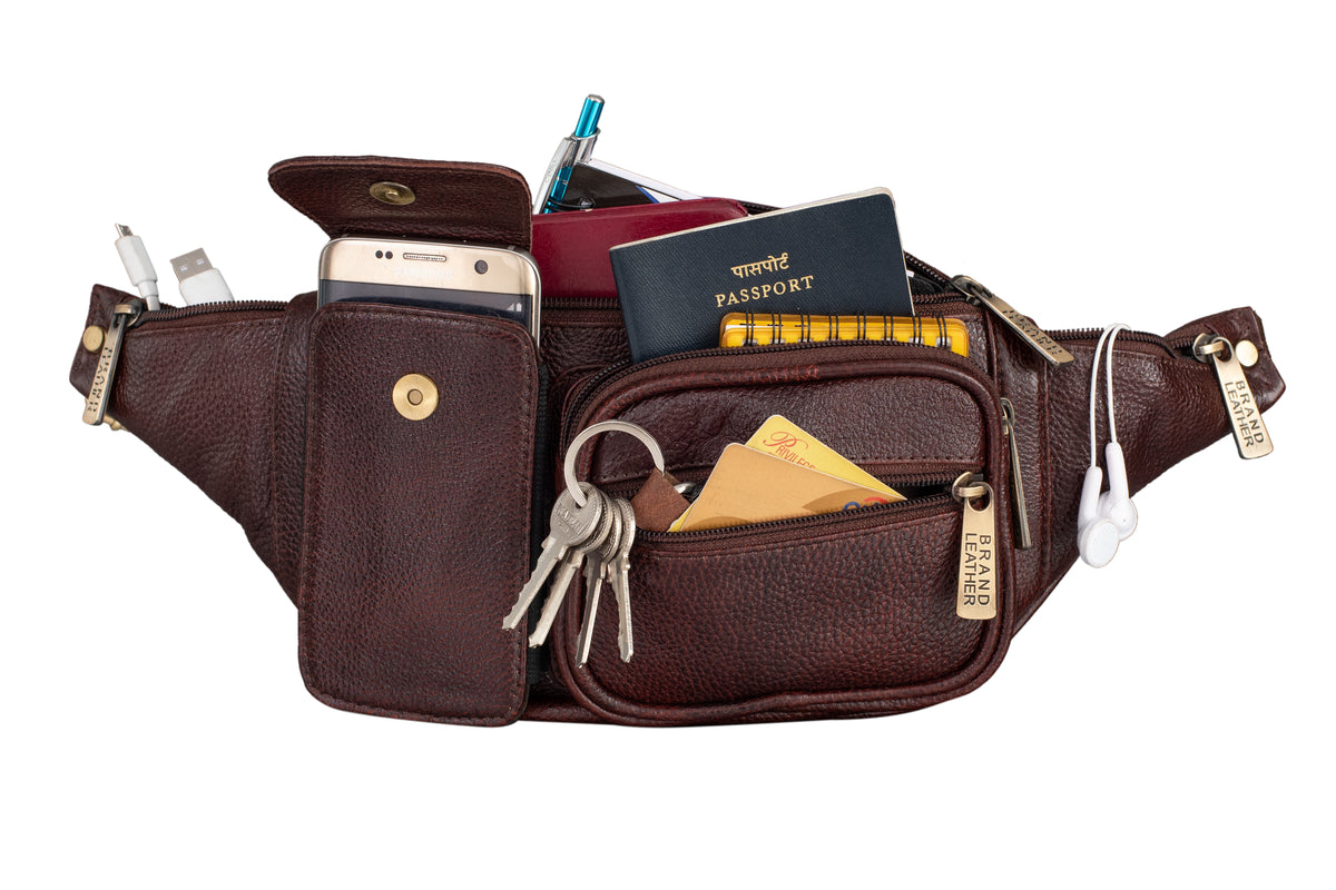BRAND LEATHER Genuine Leather Stylish Waist Bag Elegant Style Travel Pouch Passport Holder with Adjustable Strap