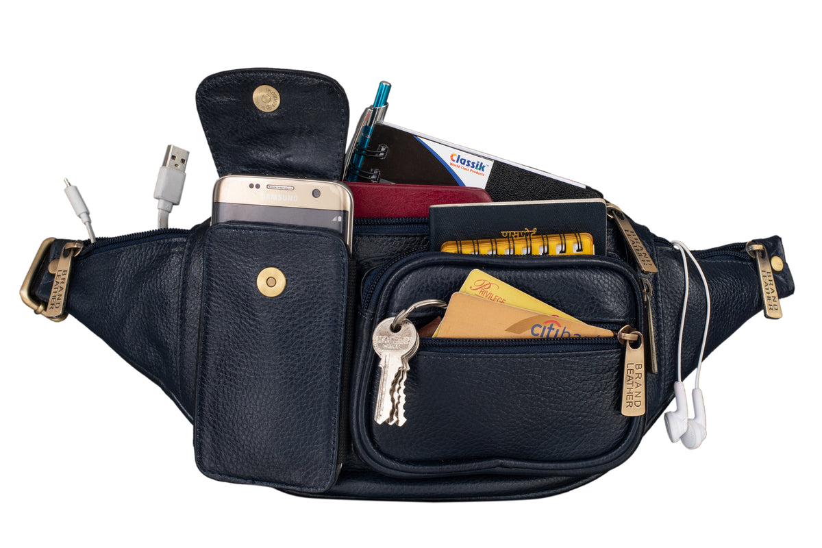 BRAND LEATHER Genuine Leather Stylish Waist Bag Elegant Style Travel Pouch Passport Holder with Adjustable Strap