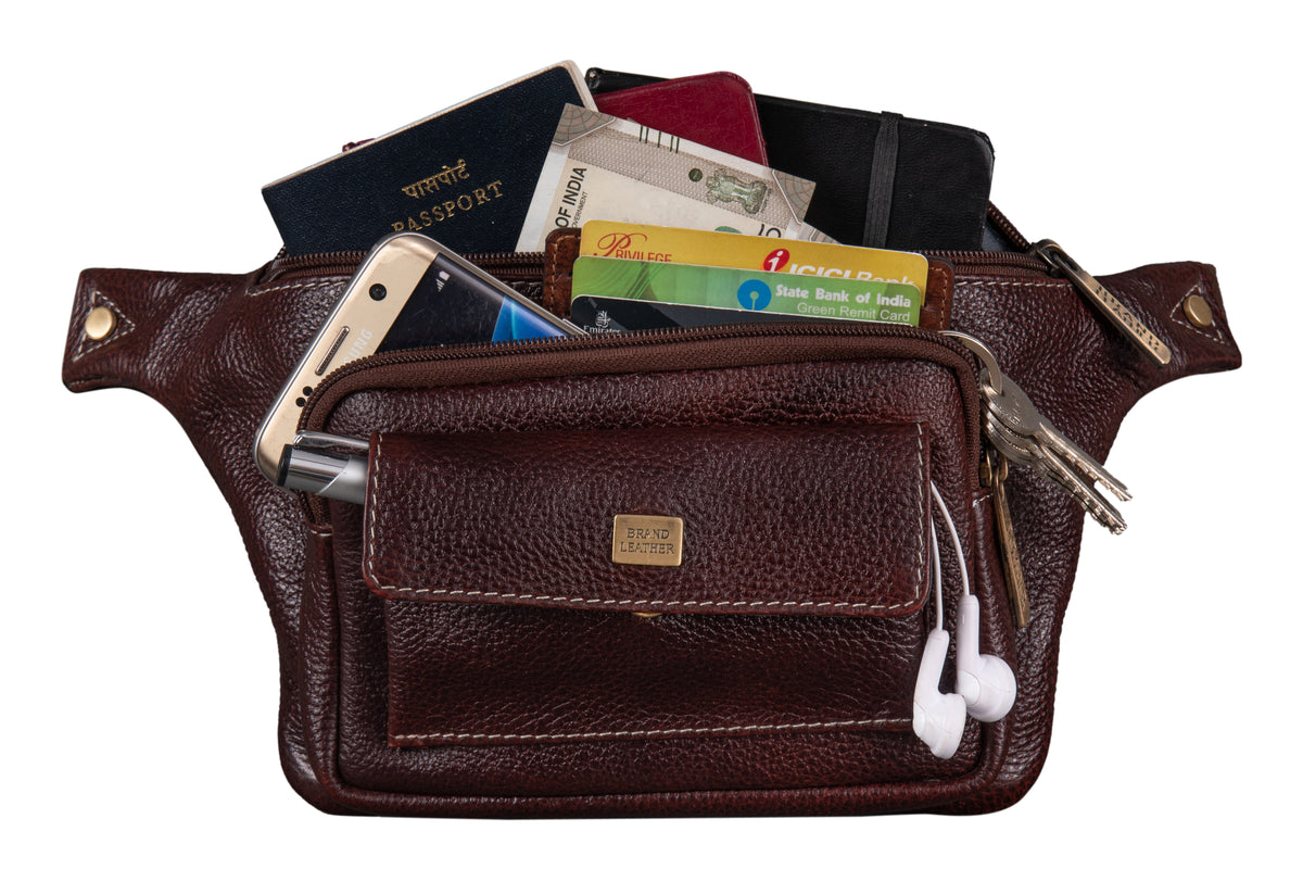BRAND LEATHER Stylish Genuine Leather Waist Bag Elegant Style Travel Pouch Passport Holder with Adjustable Strap for Multipurpose Use