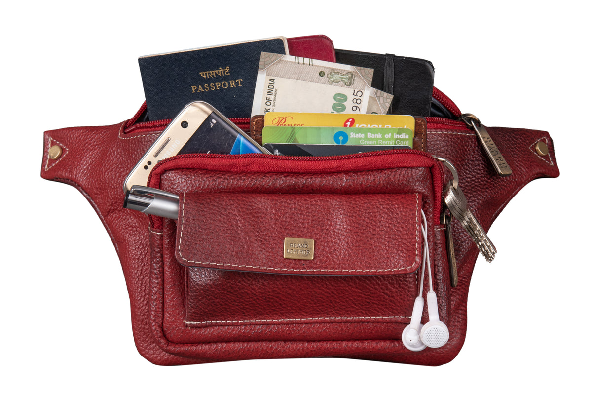 BRAND LEATHER Stylish Genuine Leather Waist Bag Elegant Style Travel Pouch Passport Holder with Adjustable Strap for Multipurpose Use
