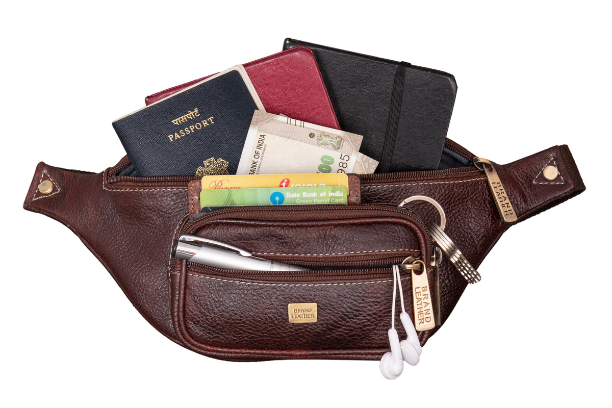 BRAND LEATHER Stylish Genuine Leather Waist Bag Elegant Style Travel Pouch Passport Holder with Adjustable Strap for Multipurpose Use