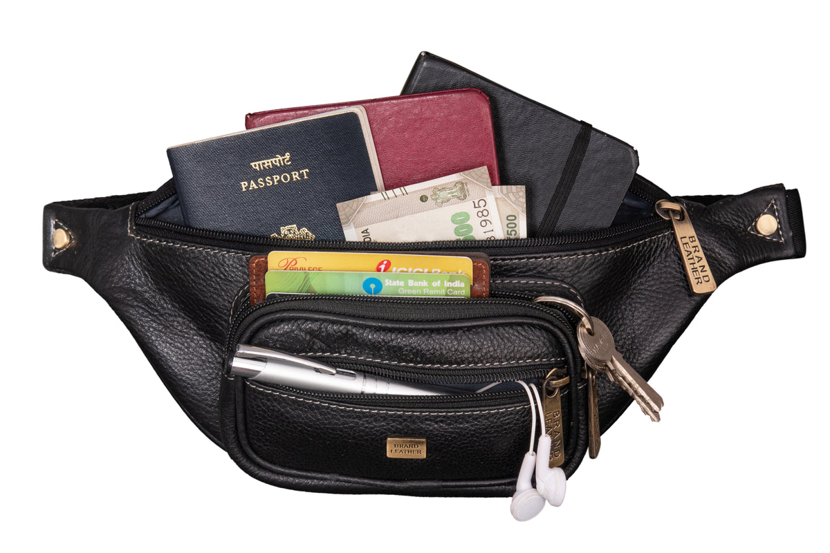 BRAND LEATHER Stylish Genuine Leather Waist Bag Elegant Style Travel Pouch Passport Holder with Adjustable Strap for Multipurpose Use