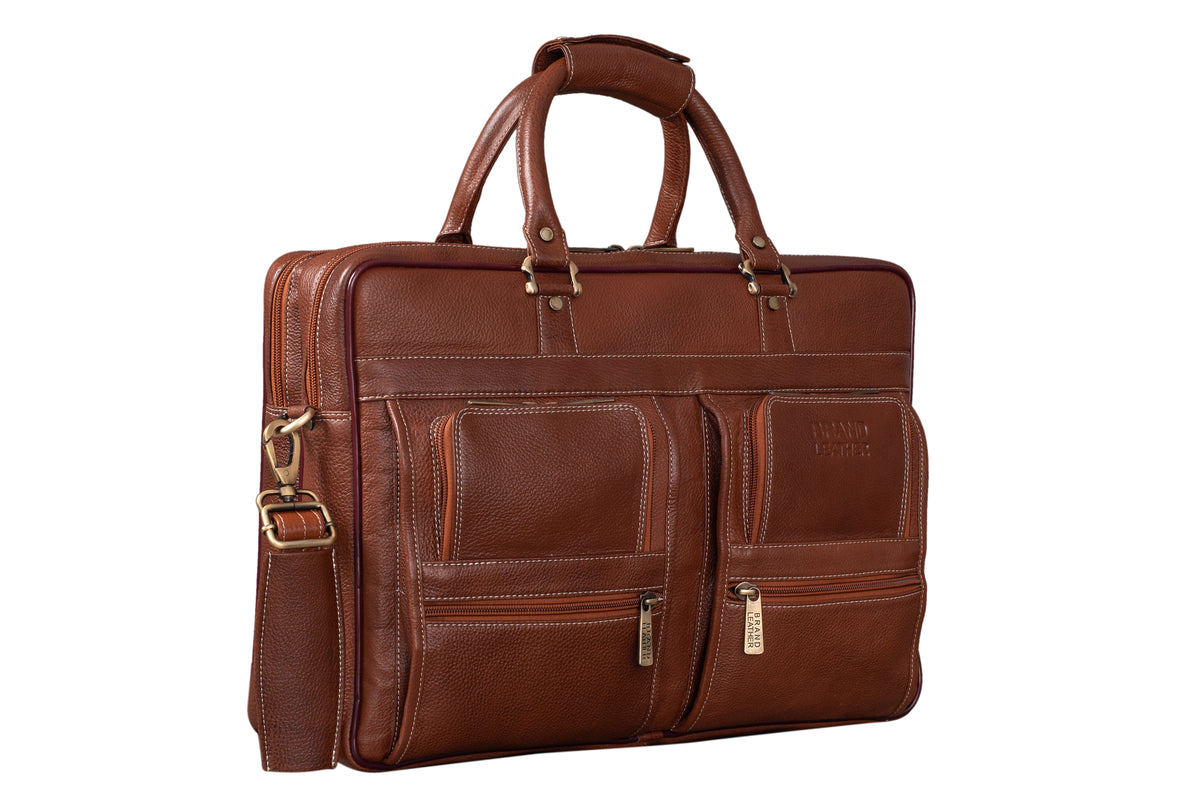 BRAND LEATHER Genuine Leather Laptop Bag for Men/Office Bag for Men, Brown | Fits Upto 16 Inch Laptop/MacBook | Handbags with Shoulder Straps | Leather Bag for Men | Trolley Strap in Laptop Bag