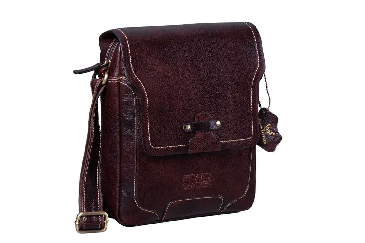 BRAND LEATHER Genuine Leather Sling Bag for Men - Crossbody One Side Bag with Multiple Pockets, Adjustable Shoulder Straps - Messenger Bag Ideal for Travel and Office Use, 1-Year Warranty