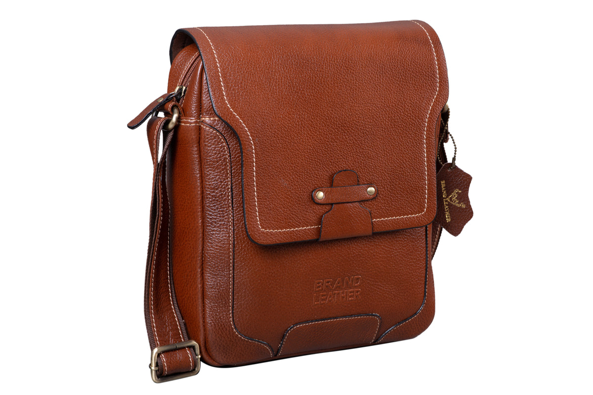 BRAND LEATHER Genuine Leather Sling Bag for Men - Crossbody One Side Bag with Multiple Pockets, Adjustable Shoulder Straps - Messenger Bag Ideal for Travel and Office Use, 1-Year Warranty