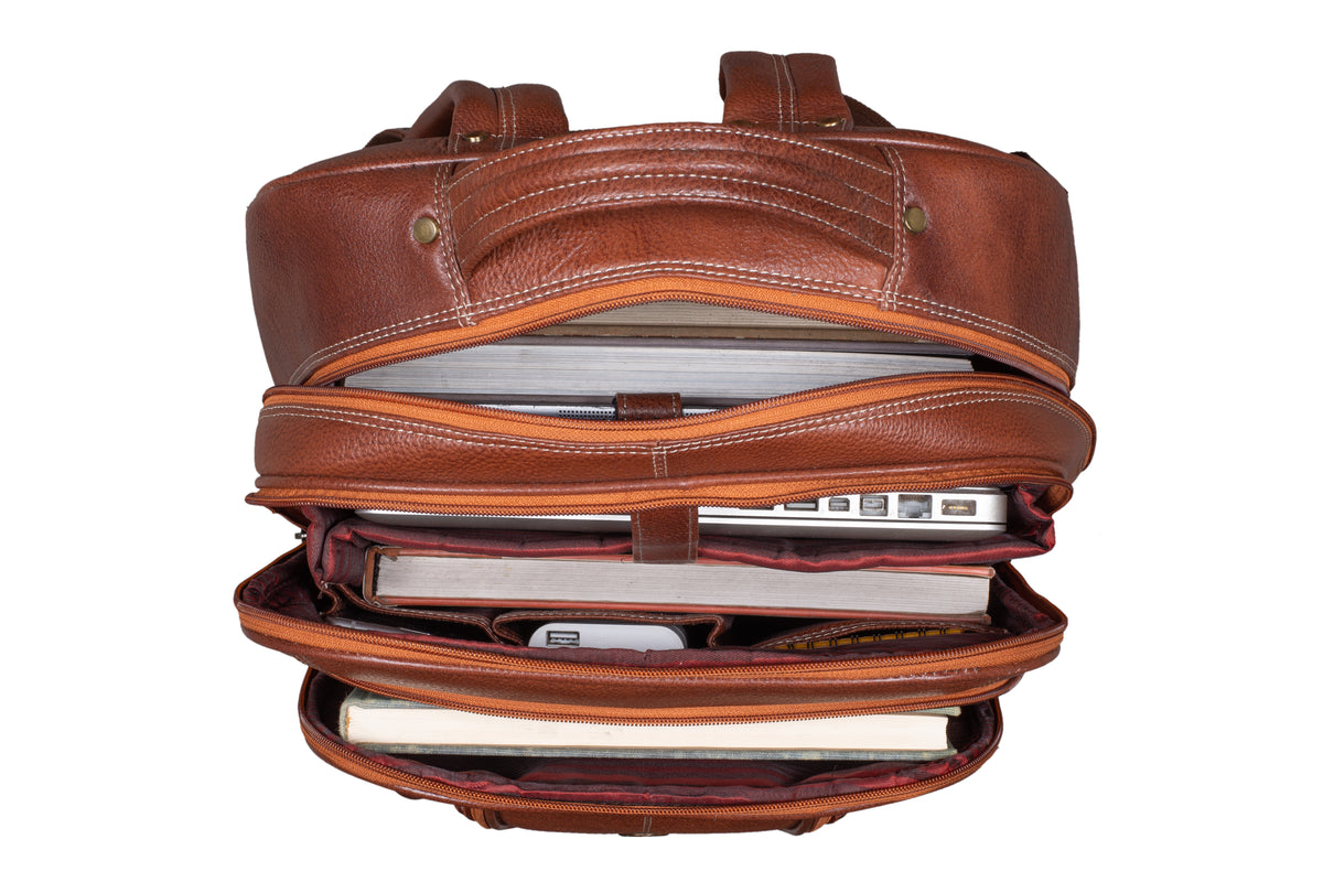 BRAND LEATHER Men's Full Grain Cow Hide Leather 17 Inch Laptop Backpack Large Capacity Weekender Overnight Camping Travel Rucksack