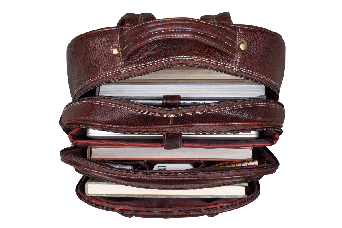 BRAND LEATHER Men's Full Grain Cow Hide Leather 17 Inch Laptop Backpack Large Capacity Weekender Overnight Camping Travel Rucksack