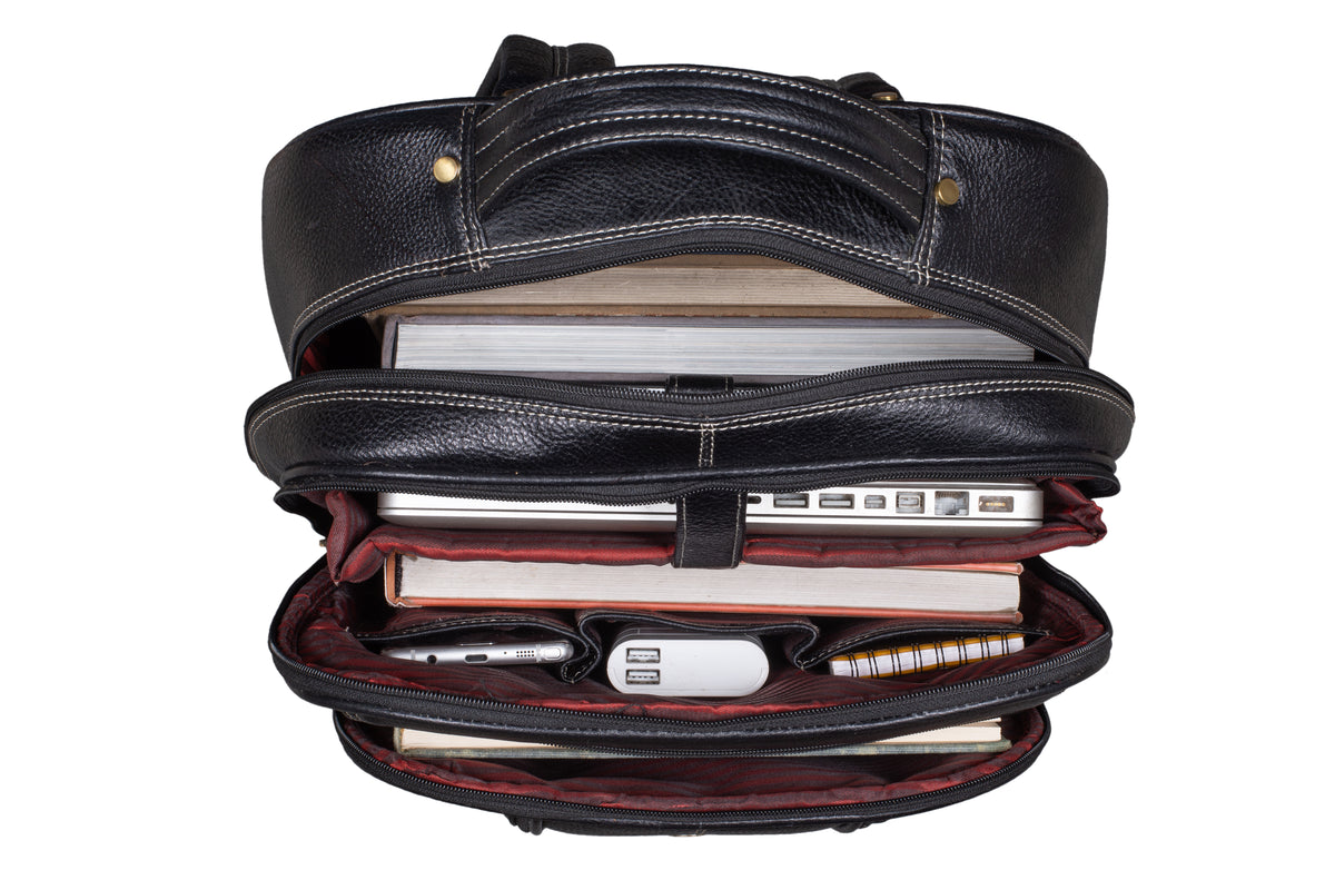 BRAND LEATHER Men's Full Grain Cow Hide Leather 17 Inch Laptop Backpack Large Capacity Weekender Overnight Camping Travel Rucksack