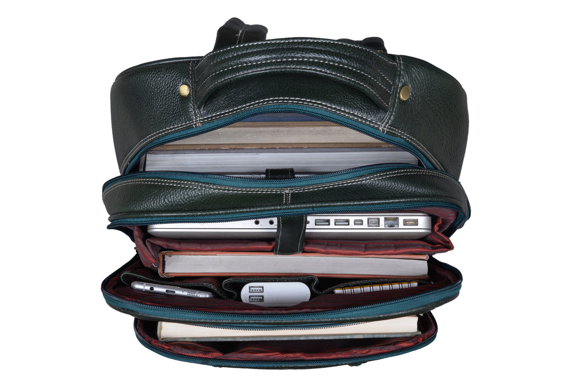 BRAND LEATHER Men's Full Grain Cow Hide Leather 17 Inch Laptop Backpack Large Capacity Weekender Overnight Camping Travel Rucksack