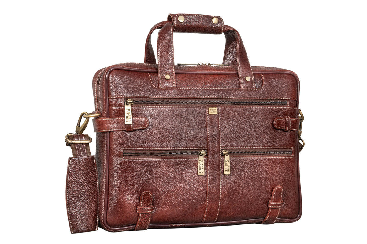 BRAND LEATHER Laptop Bag for Men - Genuine Leather Messenger Bag for Office - Fits up to 16 Inch Laptop -Brown Shoulder Bag with Multiple Compartments - Executive Leather Bag for Work and Travel