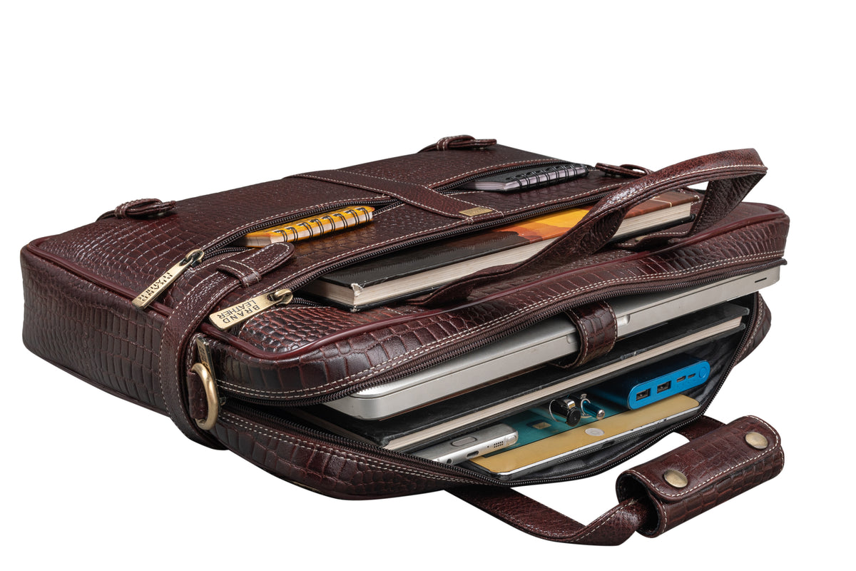 BRAND LEATHER Laptop Bag for Men - Genuine Leather Messenger Bag for Office - Fits up to 16 Inch Laptop -Brown Shoulder Bag with Multiple Compartments - Executive Leather Bag for Work and Travel