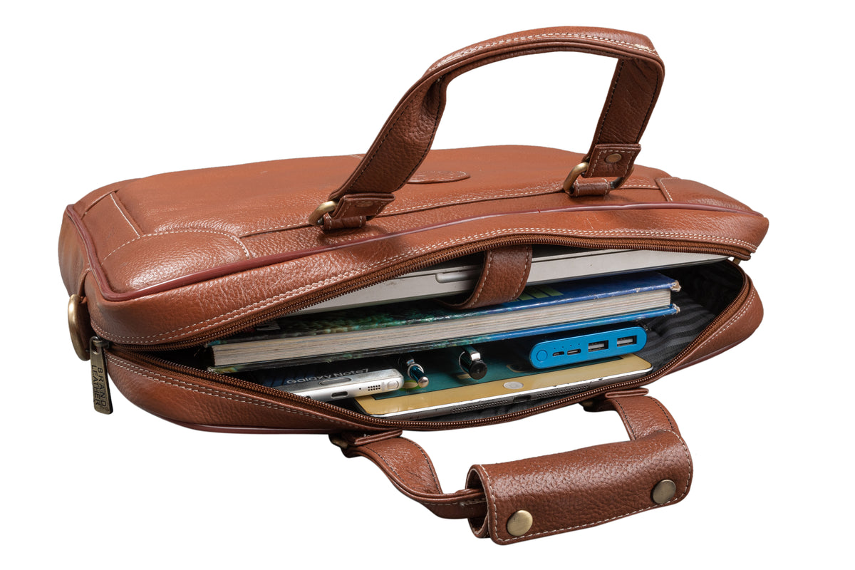 BRAND LEATHER Laptop Bag for Men - Genuine Leather Messenger Bag for Office - Fits up to 16 Inch Laptop -Brown Shoulder Bag with Multiple Compartments - Executive Leather Bag for Work and Travel