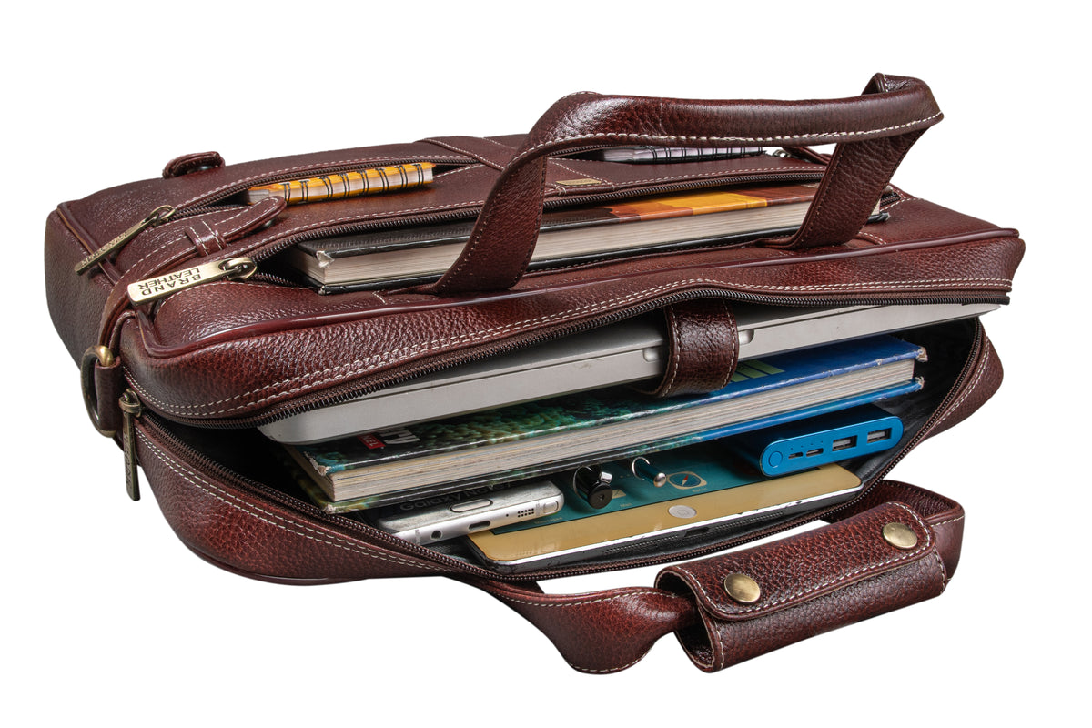 BRAND LEATHER Laptop Bag for Men - Genuine Leather Messenger Bag for Office - Fits up to 16 Inch Laptop -Brown Shoulder Bag with Multiple Compartments - Executive Leather Bag for Work and Travel
