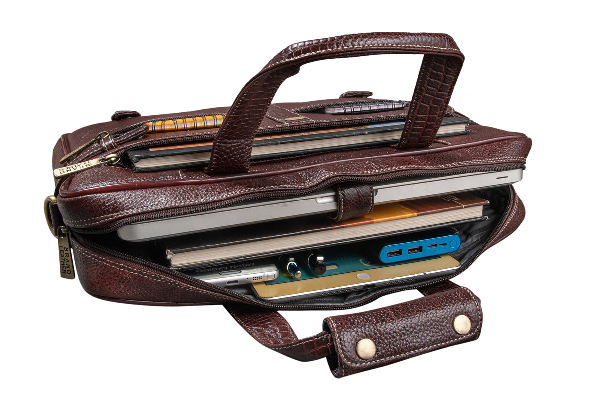 BRAND LEATHER Laptop Bag for Men - Genuine Leather Messenger Bag for Office - Fits up to 16 Inch Laptop -Brown Shoulder Bag with Multiple Compartments - Executive Leather Bag for Work and Travel