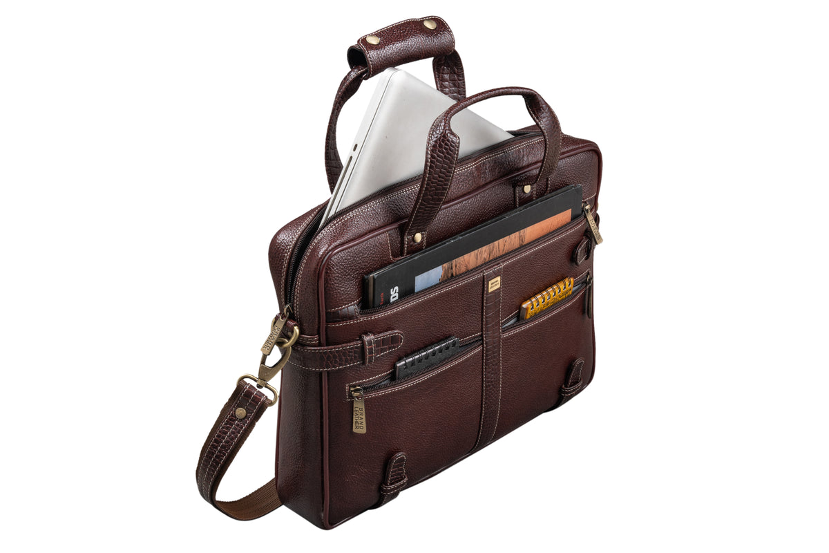 BRAND LEATHER Laptop Bag for Men - Genuine Leather Messenger Bag for Office - Fits up to 16 Inch Laptop -Brown Shoulder Bag with Multiple Compartments - Executive Leather Bag for Work and Travel