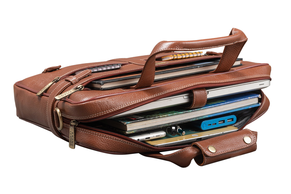 BRAND LEATHER Laptop Bag for Men - Genuine Leather Messenger Bag for Office - Fits up to 16 Inch Laptop -Brown Shoulder Bag with Multiple Compartments - Executive Leather Bag for Work and Travel