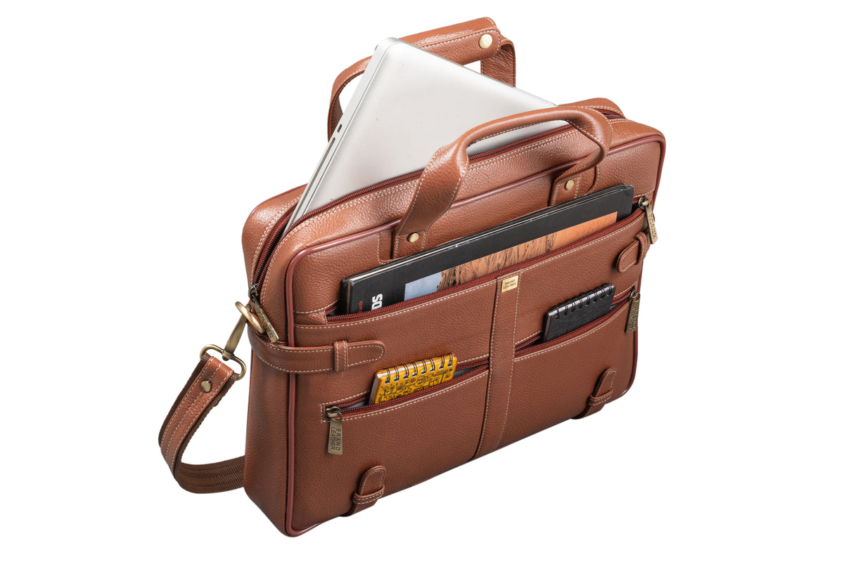 BRAND LEATHER Laptop Bag for Men - Genuine Leather Messenger Bag for Office - Fits up to 16 Inch Laptop -Brown Shoulder Bag with Multiple Compartments - Executive Leather Bag for Work and Travel