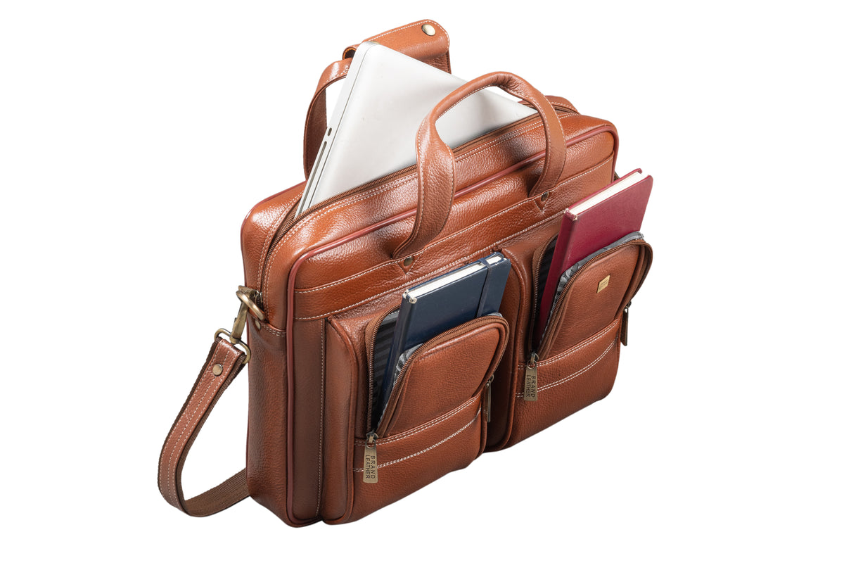 BRAND LEATHER Genuine Leather Laptop Bag for Men - Office Bag, Brown - Fits Up to 14/15.6/16 Inch Laptop/MacBook - Laptop Messenger Bag/Side Shoulder Bag with Adjustable Strap - 1 Year Warranty