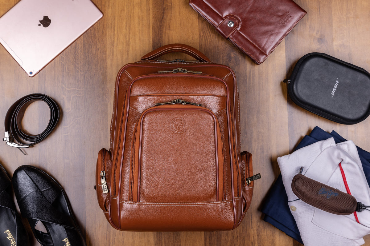 BRAND LEATHER Men's Full Grain Cow Hide Leather 17 Inch Laptop Backpack Large Capacity Weekender Overnight Camping Travel Rucksack