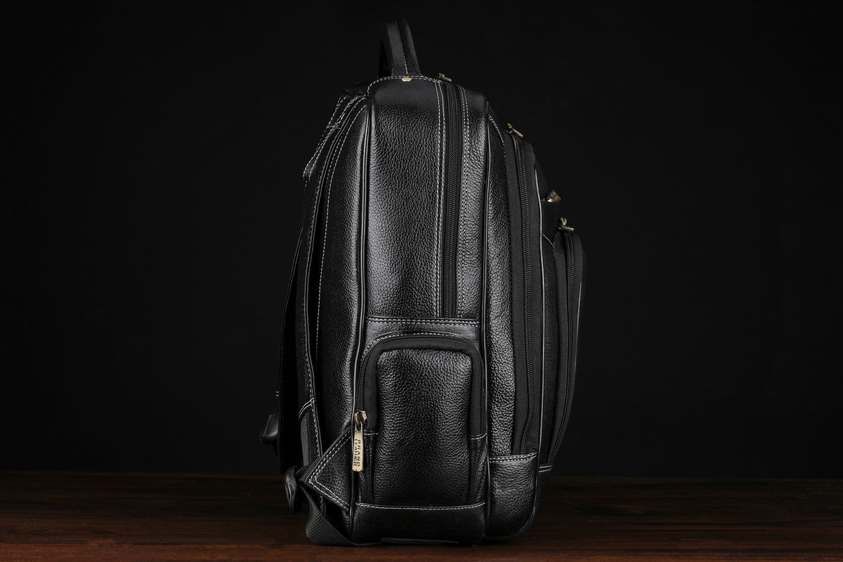 BRAND LEATHER Men's Full Grain Cow Hide Leather 17 Inch Laptop Backpack Large Capacity Weekender Overnight Camping Travel Rucksack