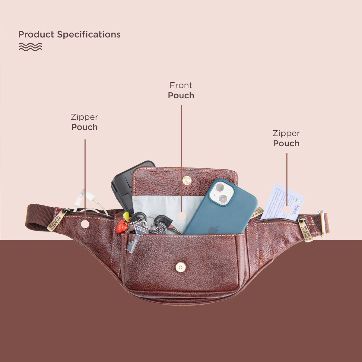 BRAND LEATHER Genuine Leather Stylish Waist Bag Elegant Style Travel Pouch Passport Holder with Adjustable