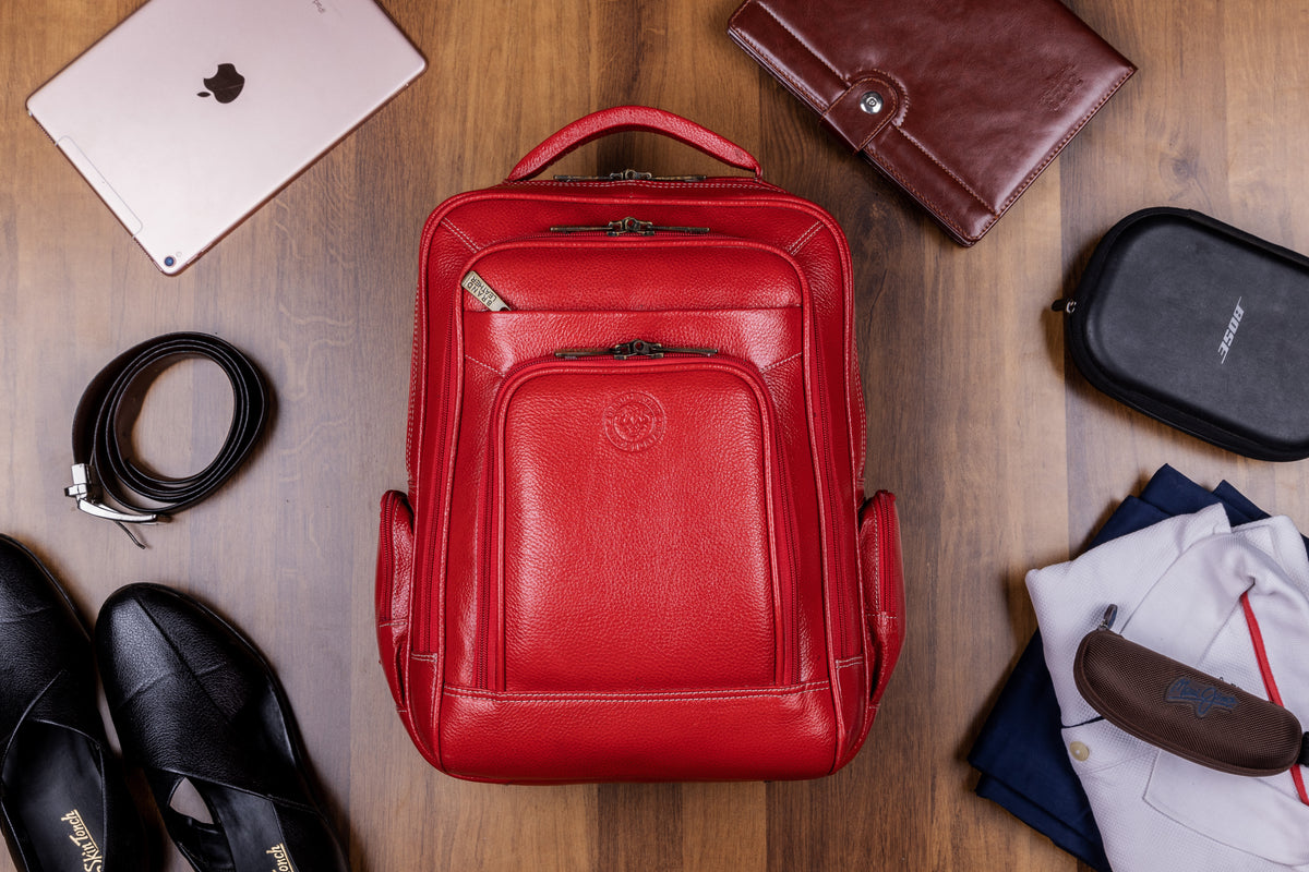 BRAND LEATHER Men's Full Grain Cow Hide Leather 17 Inch Laptop Backpack Large Capacity Weekender Overnight Camping Travel Rucksack