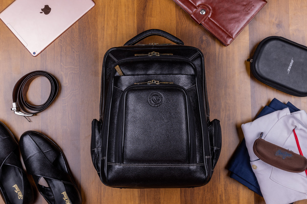 BRAND LEATHER Men's Full Grain Cow Hide Leather 17 Inch Laptop Backpack Large Capacity Weekender Overnight Camping Travel Rucksack