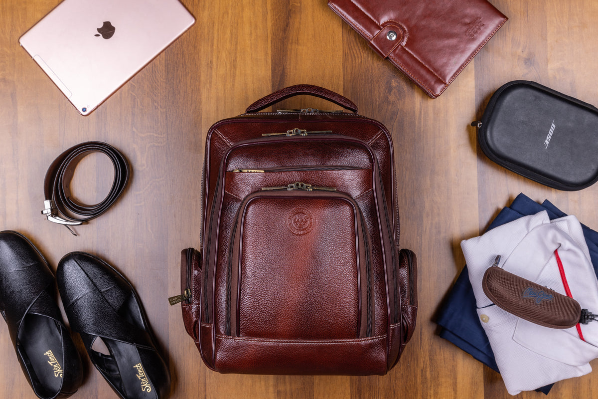 BRAND LEATHER Men's Full Grain Cow Hide Leather 17 Inch Laptop Backpack Large Capacity Weekender Overnight Camping Travel Rucksack