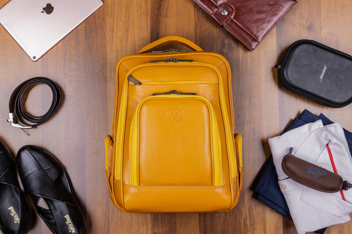 BRAND LEATHER Men's Full Grain Cow Hide Leather 17 Inch Laptop Backpack Large Capacity Weekender Overnight Camping Travel Rucksack