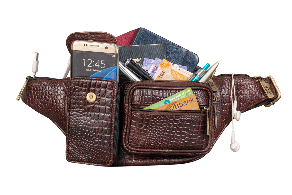 BRAND LEATHER Genuine Leather Stylish Waist Bag Elegant Style Travel Pouch Passport Holder with Adjustable Strap